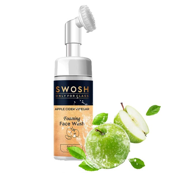 SWOSH Apple Cider vinegar (Apple extract) Foaming Face Wash for Acne Prone & Oily Skin - No Parabens, Sulphate, Silicones & Colour (with Built-in Face Brush), 100 ml / / 3.38 fl oz