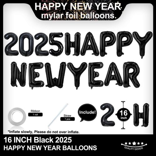 Black Happy New Year 2025 Balloons, 16 Inch Happy New Year Balloons Black,New Years Eve Party Supplies 2025 Balloons Black, New Years Decorations 2025,NYE Balloons, New Years 2025 Balloons