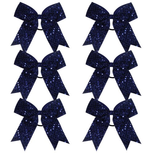 Cheer Bow Sequin 6 Inch 6 Pcs Bling Fling Cheerleader Cheerleading Jumbo Cheer Bow Hair Tie Hair Bow School (Navy blue)