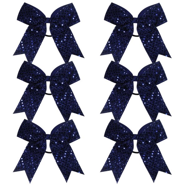 Cheer Bow Sequin 6 Inch 6 Pcs Bling Fling Cheerleader Cheerleading Jumbo Cheer Bow Hair Tie Hair Bow School (Navy blue)