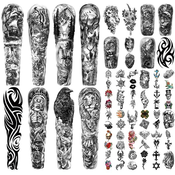 SOOVSY 46 Sheets Full Arm Temporary Tattoo with Lion, Temporary Tattoo Sleeves for Men, Sleeve Tattoos Temporary Realistic with Flower, Full Sleeve Tattoos Temporary for Women with Wolf Eagle and Deer, Fake Tattoos Aldult