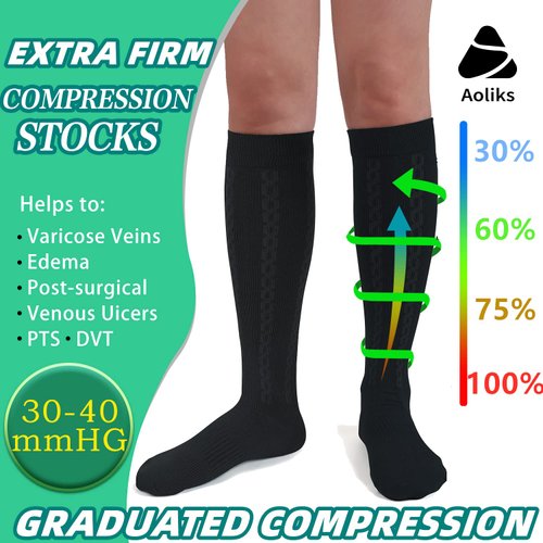 Aoliks 30-40 mmHg Medical Graduated Compression Socks for Men & Women - 2 Pack Extra Firm Support Knee High Circulation Socks Circaid Compression Socks, 01 Black,black-cable Pattern, Small-Medium