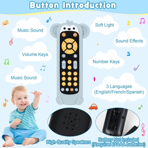 GUIGUZHJ Baby TV Remote Control Toy, Teether Toys for Baby 6-24 Months, Infant Music Toy with Sound, Melody and 3 Language English/French/Spanish, Early Development Toys for Toddlers 6 12 18 Month