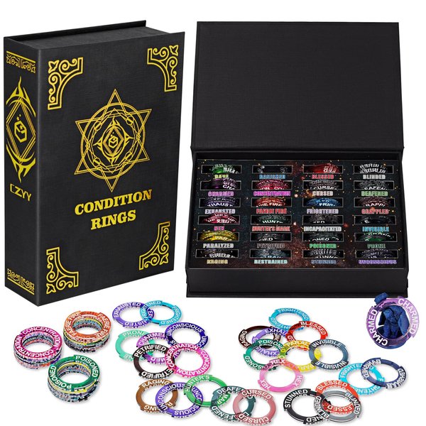 CZYY Upgraded Condition Rings 96 PCS Status Effect Markers in 24 Conditions & Spells Magic Book Storage Box Great DM Tool for Dungeons & Dragons, Pathfinder, D&D and RPG Miniatures