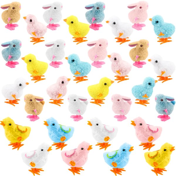 Fahacop 32 Pack Easter Wind Up Chick and Bunny Toys Jumping Chicken Bunny Hopping Windup Toys for Easter Egg Fillers Party Favors, 4 Styles