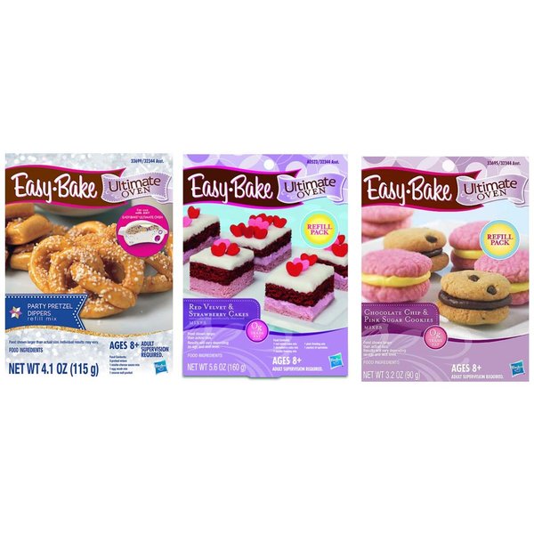 InterC Set of 3 Easy-Bake Oven Mix Refills one Each: Party Pretzel Dippers, Red Velvet and Strawberry Cakes, Chocolate Chip and Sugar Cookies