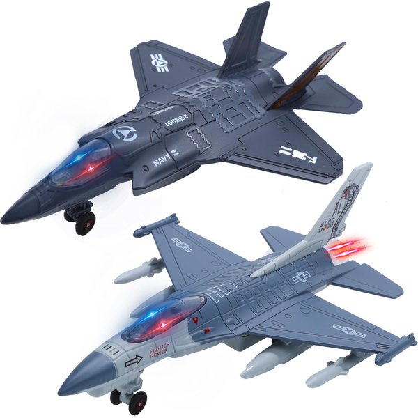 Double Metal Fighter Army Toy Airplane Model with Sound & Light, Pull Back Alloy Plane Military Toy Diecast Jet Toy, Birthday Gift for Toddler Boys and Girls