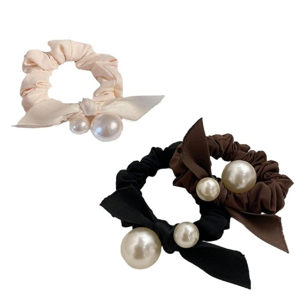 3Pcs 3Colour Pearl Bow Hair Scrunchies, Rabbit Bunny Ear Scrunchies, Satin Bow Hair Rope, Bow Ponytail Holder Hair Accessories for Women and Girls Accessories