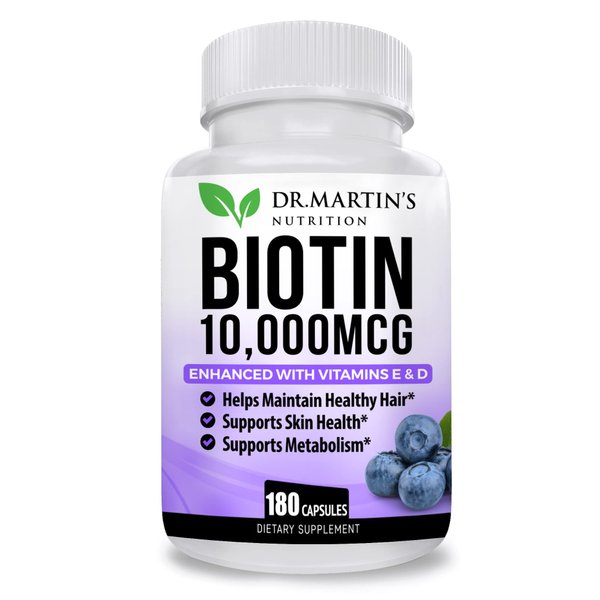 Potent Biotin (Vitamin B7) 10,000 mcg with Vitamins D & E Supplement | 180 Count | Hair, Skin And Nails | For Thicker & Stronger Hair Growth | Healthy, Youthful Skin & Strong Nails | Energy Support