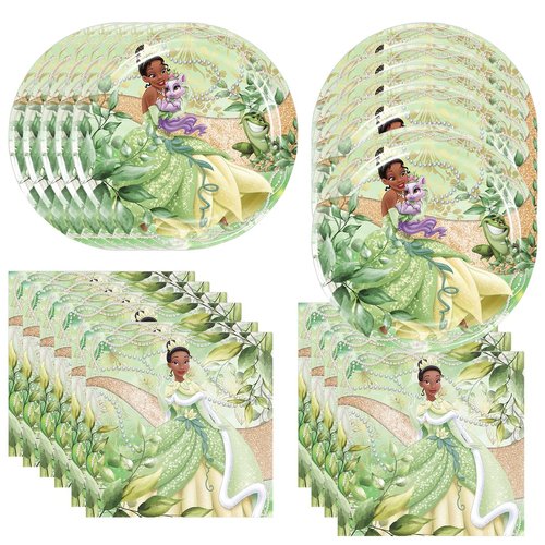 DoMiDoLa 40pcs Princess Tiana Party Supplies include 20 plates, 20 napkins for the Princess Tiana birthday party