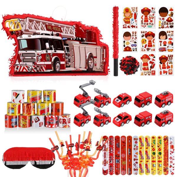 Syhood 62 Pcs Firefighter Party Favors, Small Fire Truck Piñata Bundle with a Blindfold and Bat Fire Truck Party Supplies Stickers Firefighter Slap Bracelets Fire Truck Toy Drinking Straw for Birthday