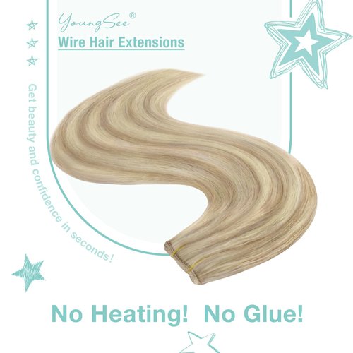 [Customer Favorite] YoungSee Wire Real Hair Extensions Real Hair Wire Extensions Highlights Ash Blonde with Bleach Blonde Hidden Wire Extensions Real Human Hair 18Inch 80G
