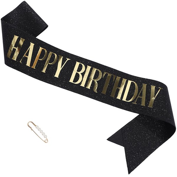 ZHBDPaty "Happy Birthday Glitter Sash with Pearl Pin for Women Girls Party Supply Favors (2 Black)
