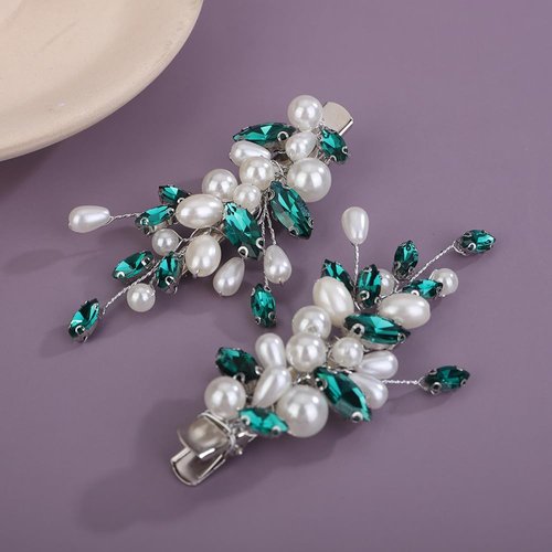 BERYUAN Bridal Teardrop Rhinestone Pearls Hair Clips Crystal Rhinestone French Hairpins Wedding Rhinestone Pearls Handmade Hairpiece Wedding Bridal Hair Accessories for Women(2pcs) (peacock green)