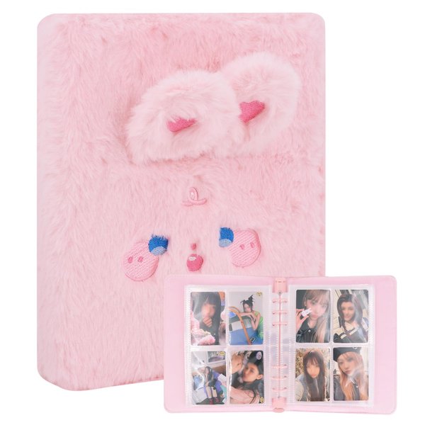 Kpop Photocard Binder Plush Photo Album with 30Pcs Inner Pages 2x3" Photo Card Holder Book Sleeves 6 Rings 4-Pocket Card Protector (Kawaii Bunny)