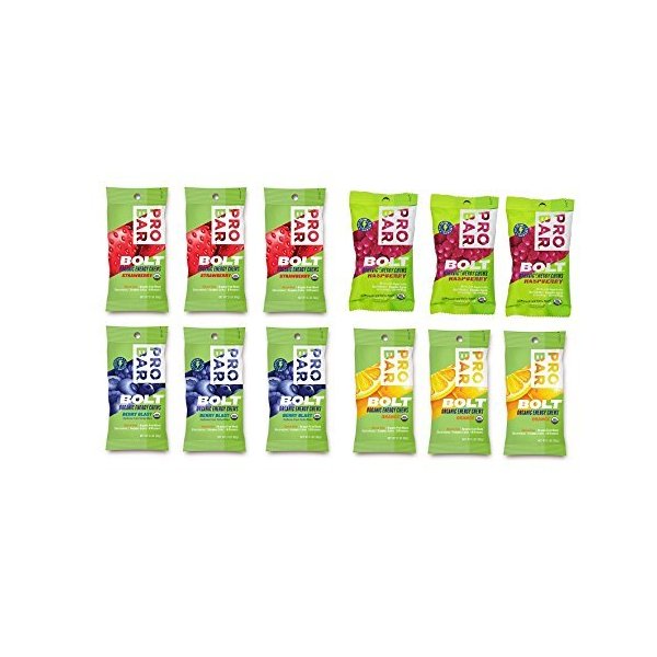 Probar Bolt Organic Energy Chews Orange, Raspberry, Strawberry, Berry Blast - Three of Each Flavor, Box of 12