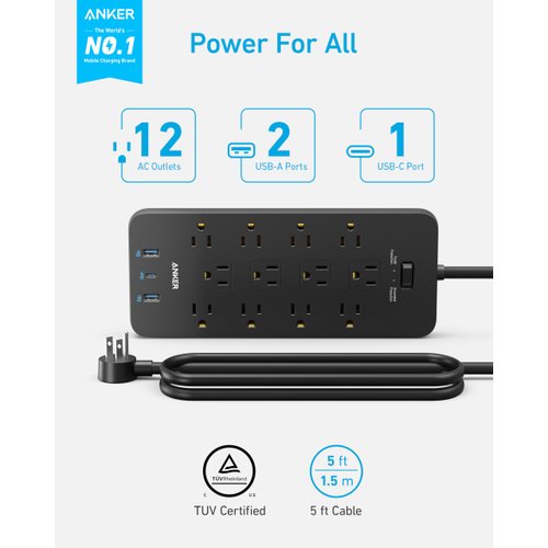 Surge Protector Power Strip (2100J), Anker 12 Outlets with 1 USB C and 2 USB Ports foriPhone 15/15 Plus/15 Pro/15 Pro Max, 5ft Extension Cord, Flat Plug, 20W USB C Charging for Home, Office,TUV Listed
