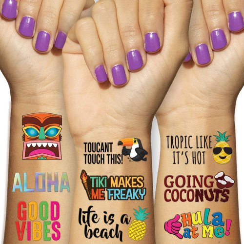 Luau Theme Temporary Tattoos - Hawaii - Aloha -Tropical - Tiki - Summer Themed Beach and Pool Party Decoration, Favors & Supplies multicolor