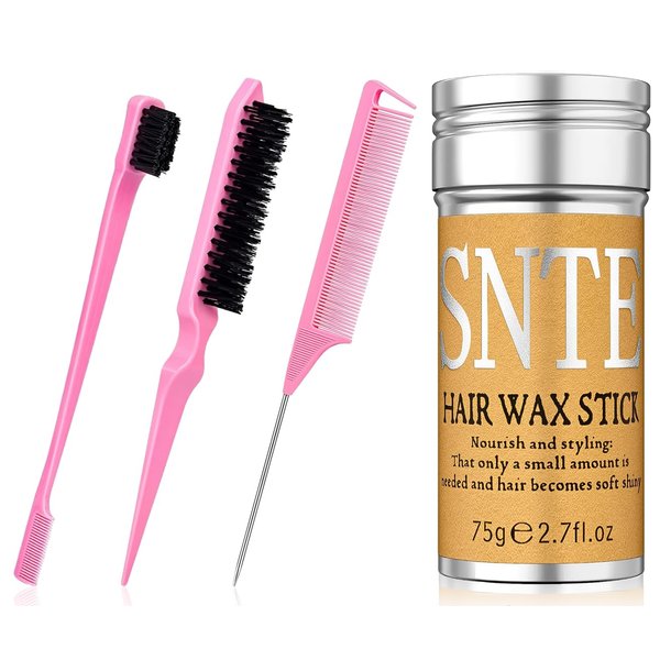 Hair Grooming Kit: Wax Stick for Flyaways, Slick Back Brush, Rat Tail Comb, Bristle Brush Set - Tames Frizz & Controls Baby Hair