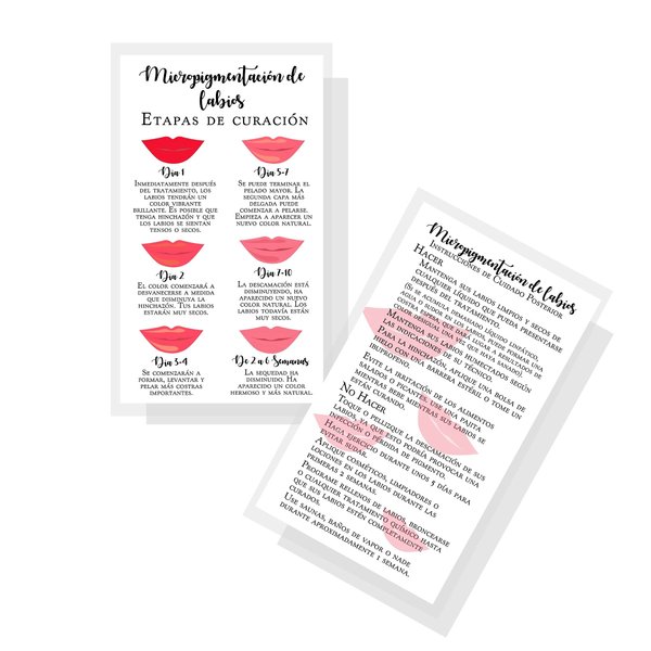 Boutique Marketing LLC Spanish Lip Blush Aftercare Card | Micropigmentación de Labios | 50 Pack | 2 x 3.5in inches Business Card | White with Red Lips Design, LIP-SB-W-457
