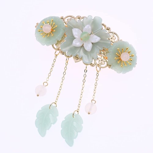 MIAO WU Chinese Style Hair Clip, Ponytail Holder Long Tassel Hair Hairpin Jade Flower Pearl for Women Hanfu Cosplay Hair Accessories