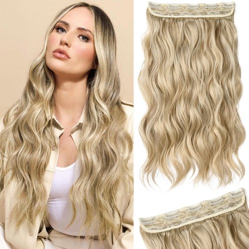 REECHO Clip in Hair Extensions, 20” One Piece Hair Extension Clip in Wefts Long Thick Beach Wavy Natural Soft Synthetic Hairpieces for Women, Dark Ash Blonde