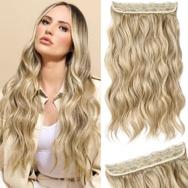 REECHO Clip in Hair Extensions, 20” One Piece Hair Extension Clip in Wefts Long Thick Beach Wavy Natural Soft Synthetic Hairpieces for Women, Dark Ash Blonde