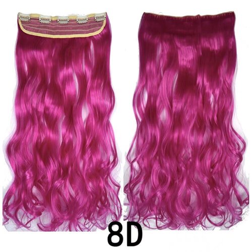 iLUU Hot Pink Cosplay Wedding Synthetic Hair Clip in Long Curly Extensions 100g 24" Wavy Thick Hairpiece Hair Extensions 5 Clips on Synthetic Hair Extension for Party