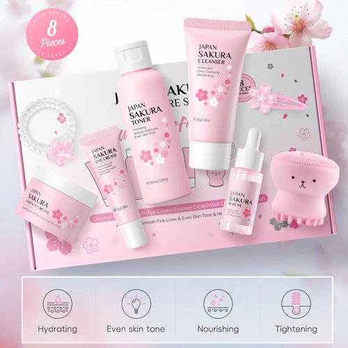 Skin Care Set for Women Girls, Cherry Blossoms Beauty Gift Sets for Intense Hydration, Face Skin Care Kit with Cleanser, Toner, Serum, Eye Cream, Face Cream - 8Pcs Skin Care Routine Kit