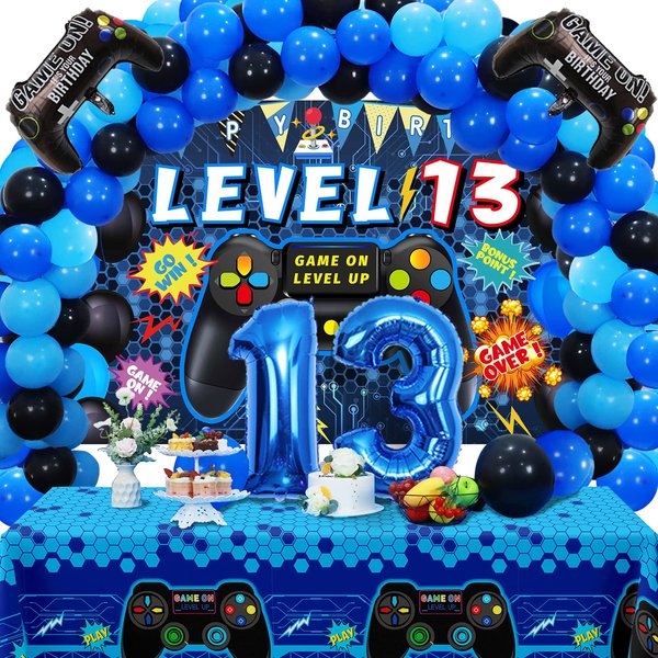 Vlipoeasn 90PCS 13th Birthday Video Game Party Decorations for Boys Set Blue 13th Birthday Supplies -13th Video Game Backdrop, Balloons, Tablecloth, Gamer and 13 Foil Balloons for 13 Years Old