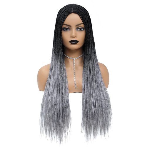 ROSEBONY Braided Wigs Long Box Braids Wig for Women Ombre Silver 28 Inch Micro Box Braids Fake Scalp Wig Synthetic Wigs (1B/GRAY)