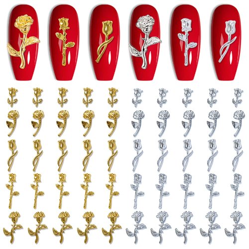 SILPECWEE 70pcs Rose Nail Charms 3D Charms for Nails Gold Silver Nail Flower Nail Jewels Nail Studs Nail Art Charms for Acrylic Nails Decoration DIY Nail Design Manicure Craft Jewelry Making