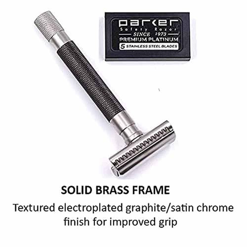 Parker Safety Razor, The SEMI Slant, Double Edge Safety Razor and 5 Parker Blade Refills - Electroplated Graphite Gray Solid Brass Handle - Delivers a Barbershop Shave at Home