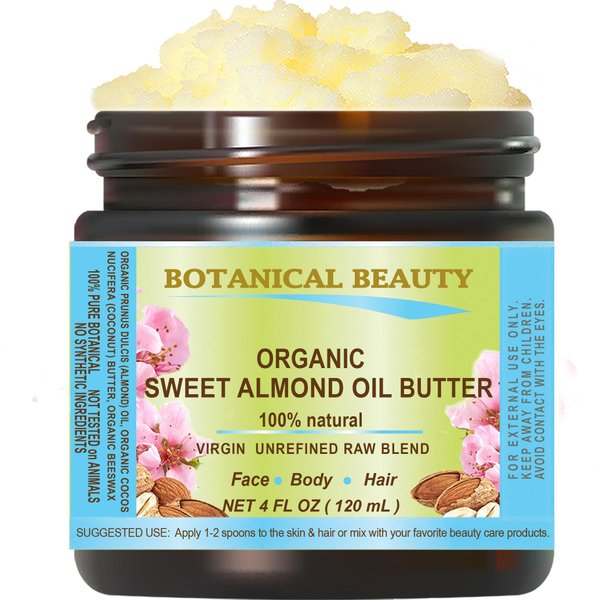 Botanical Beauty Organic SWEET ALMOND OIL BUTTER Pure Natural Virgin Unrefined RAW 4 Fl. Oz.- 120 ml for FACE, SKIN, BODY, DAMAGED HAIR, NAILS.