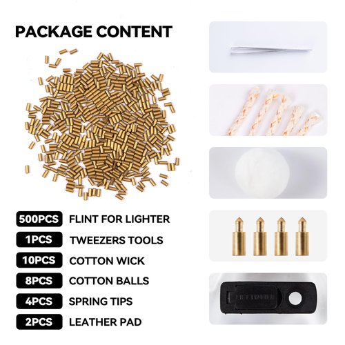 500Pcs Flint Refills & 10Pcs Cotton Balls & 1Pcs Tweezers & 8Pcs Cotton Balls & 4Pcs Spring Tips & 2Pcs Leather Pad, Replacement Flints for Lighters, Flint Stone for Petrol Gas Fluid Lighter
