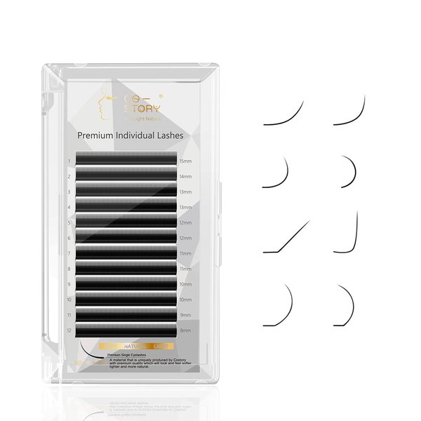 Costory Eyelash Extension Individual Supplies Matte Black Eyelashes Classic Light Soft Natural Single False Lashes Semi Permanent Professional Lash Extensions(Thickness 0.07mm C Curl 8-15mm Mixed）