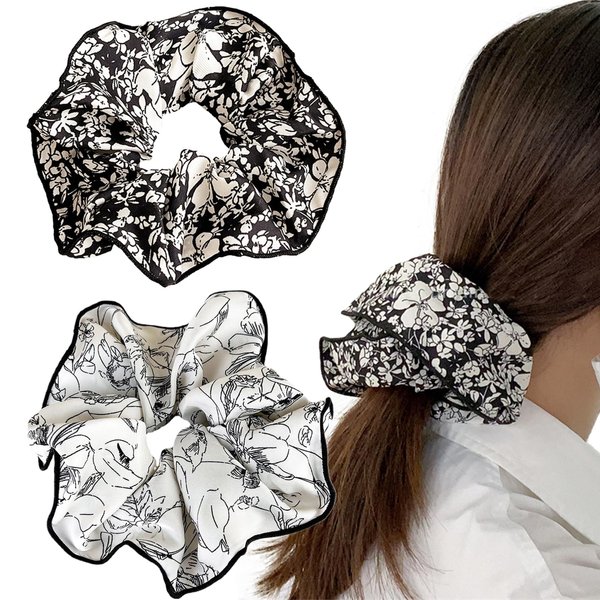 2 PACK Ink Painting Silk Scrunchies, French Retro Satin Hair Ties, Satin Scrunchies with Long Ribbon Hair Scrunchy Ponytail Holder Hair Accessories for Women Girls Gifts