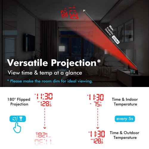 DR.PREPARE Projection Alarm Clock, Digital Clock Projector on Ceiling with Indoor/Outdoor Temperature Display, Dual Alarms, Colored Backlight, Weather Forecast, and Battery Backup for Bedroom