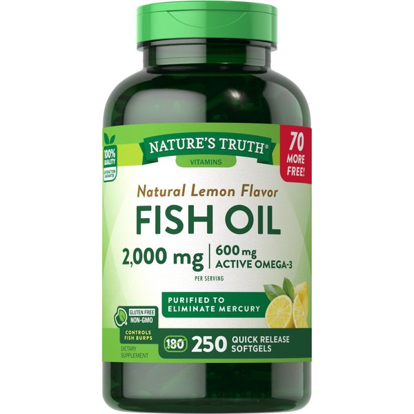 Nature's Truth Burpless Fish Oil Pills 2000 mg | 600 mg Omega 3 | 250 Softgels | Natural Lemon Flavor | Non-GMO, Gluten Free Supplement