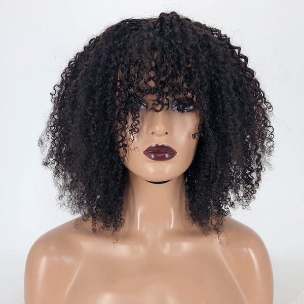 zigzag hair Afro Kinky Curly Wig with Bangs Human Hair,Full Machine Made Scalp Top Wig 250% Density Natural Hair Wig for Black Women Short Curly Bang Wig (14 Inch)