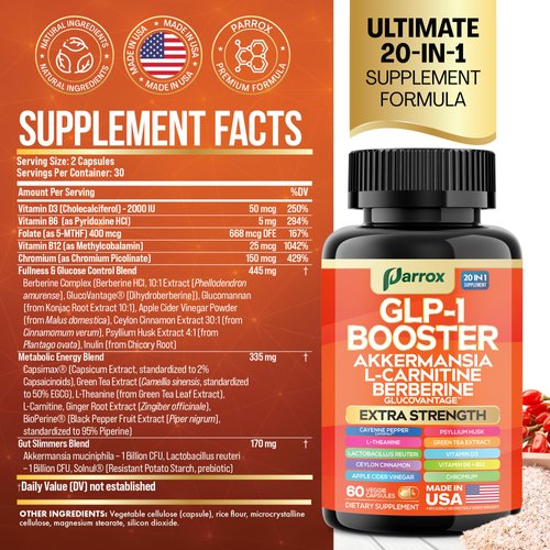 Parrox GLP-1 Booster Supplement with Akkermansia, L-Carnitine, Berberine (GlucoVantage), Chromium, Capsimax, Psyllium Husk, Probiotics & Vitamins D3, B6, B12, 20-in-1 Plant-Based Formula (60 Caps)