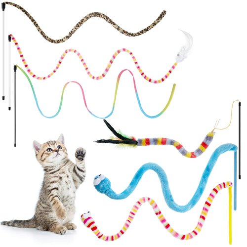 6 Pieces Cat Toys Interactive Cat Wand Toys with Feather and Bell Safe Cat Teaser Catcher Stick Toy Colorful and Sounding Christmas Wand Toys for Cats Kittens Training Pets Exerciser