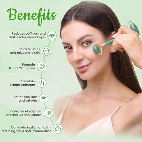 Poleview Jade Roller & Gua Sha Set, 100% Natural Facial Roller and Body Massage Skin Care Tools for Beauty, Increase Blood Circulation, Lymphatic Drainage & Reduce Wrinkles and Puffiness - Dark Green