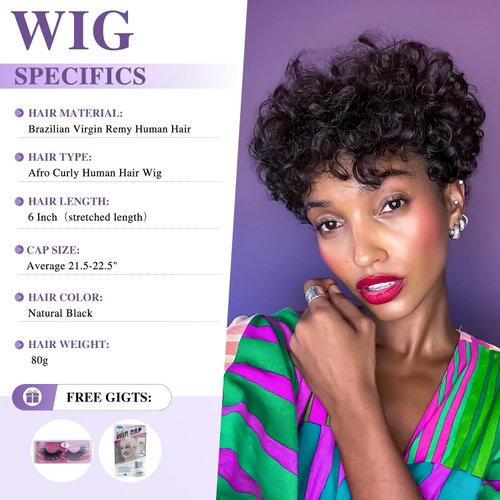 BEOTTI Hair Short Curly Wigs for Black Women Human Hair 180% Density Afro Natural Kinky Curly Wig with Bangs Brazilian Virgin Pixie Cut Wig Human Hair None Lace Front Bob Wigs 6 Inch