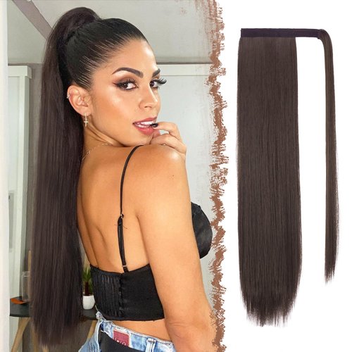 FESHFEN Straight Long Ponytail Extensions 24 Inch Brown Wrap Around Synthetic Ponytails Hair Piece Pony Tail Hair Extensions Hairpieces for Women Girls