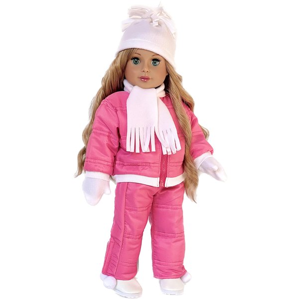 Let It Snow - 7 Piece 18 inch Doll Outfit - Complete Snowsuit - Pink Snow Pants, Jacket, White Turtleneck, Hat, Scarf, Mittens and Boots - (Doll Not Included)