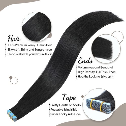 Jerriess Tape in Hair Extensions Human Hair, Professional Grade Remy Human Hair Tape in Extensions, Silky Texture &Full Thick Ends Hair Extensions, 20pcs 40g/pack Straight Natural Black, 16 inch(#1b)