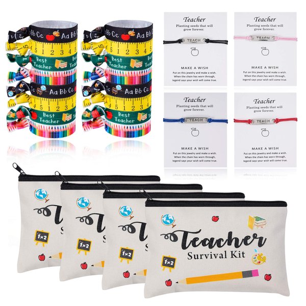 24pcs Teacher Appreciation Gifts 4 Makeup Pouch Cosmetic Bag and Teach Blessing Card Bracelets with Greeting 16 Hair Ties No Crease Ribbon Elastic Ponytail Holder