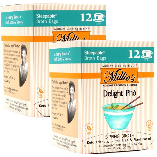 Millie’s Sipping Broth - Vegetable Broth -Natural-Gluten Free-Keto Friendly Delight Pho 12 Count Box (2 - Pack)