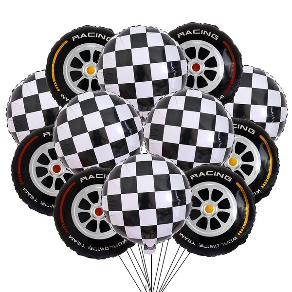 Stcomart 18 Inch Race Car Wheel Balloons, Black and White Checkered Balloons for Birthday Party, Race Car Theme Party, 12 PCS